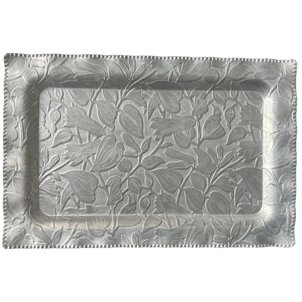 Vtg Admiration Products Co. - Floral Embossed-  Hammered Aluminum Serving Tray